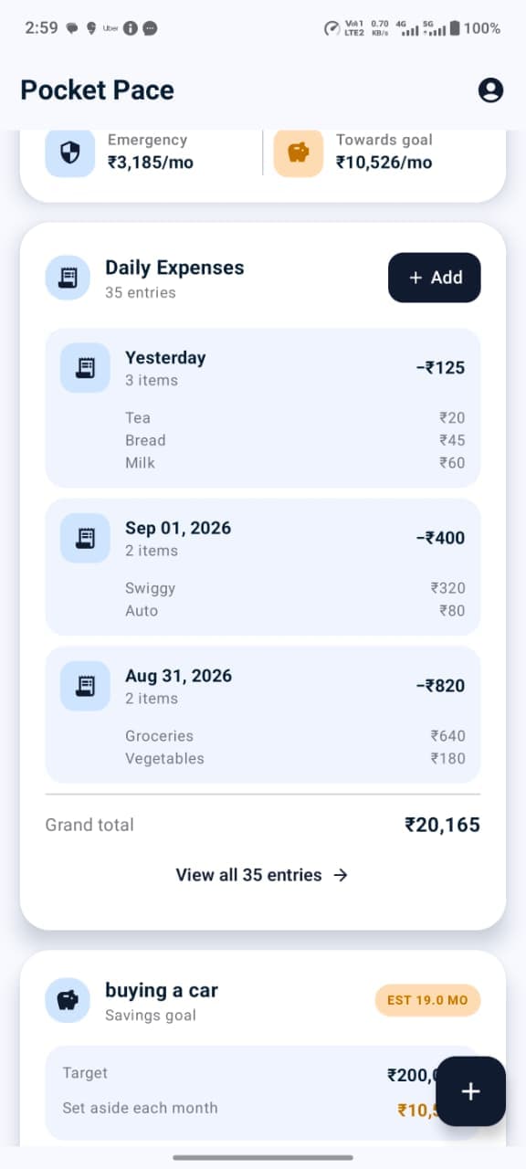 Daily expense history with a running grand total