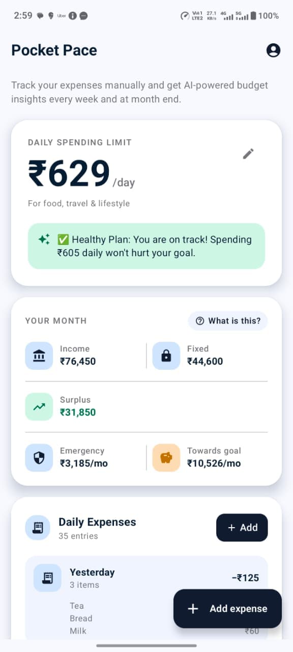 The dashboard, with daily limit, monthly breakdown, and recent expenses